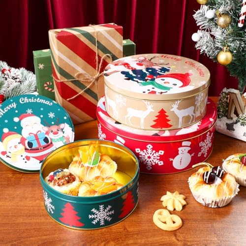 Hemoton Christmas Cookie Tins with Lids for Gift Giving, 3 Pack Round Christmas Tin Containers, Metal Nesting Containers for Holiday Use, Large Medium Small