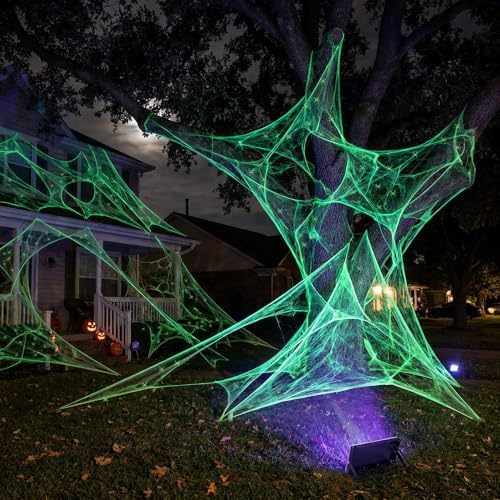 1100 Sqft Halloween Glow Green Stretch Cobwebs with Glow Spiders and Light