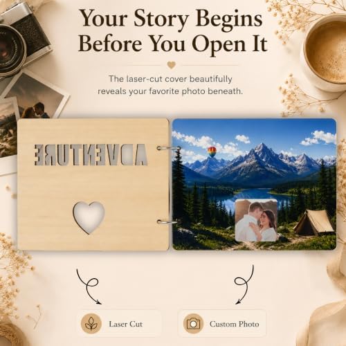 Our Adventure Book Scrapbook for Couples, Wooden Travel Photo Album Kit with Matching Puzzle Heart Keychains, Memory Book for Anniversary, Wedding, Honeymoon, Boyfriend Girlfriend