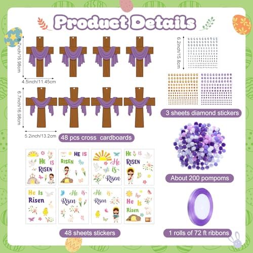 Funrous 48 Sets Crafts Kit Paper Crafts DIY Make Your Own Hanging Ornaments with Pompoms Diamond Stickers for Holiday Classroom Activities Party Favors, Easter Jesus