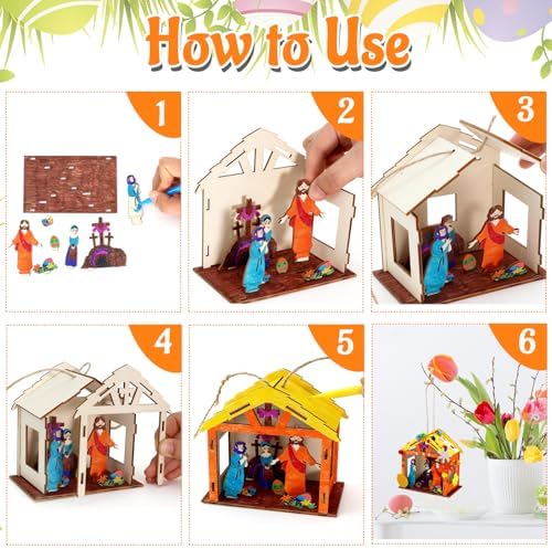 8Pcs Christian Easter Crafts Wooden House for Boy Girl & Adult, Religious Easter Activities DIY Kit with Jesus He Is Risen Egg Bunny, Spring Bible Art Gift for Basket Stuffers Party Favors Decor Bulk