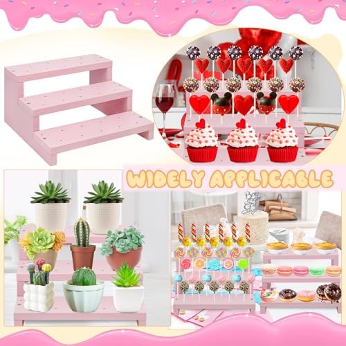 Wood Cake Pop Stands, 3 Tier Lollipop Holders with Twist Ties Lollipop Sticks, Sucker Display Riser for Dessert Table of Wedding Birthday Party (Pink-2P)
