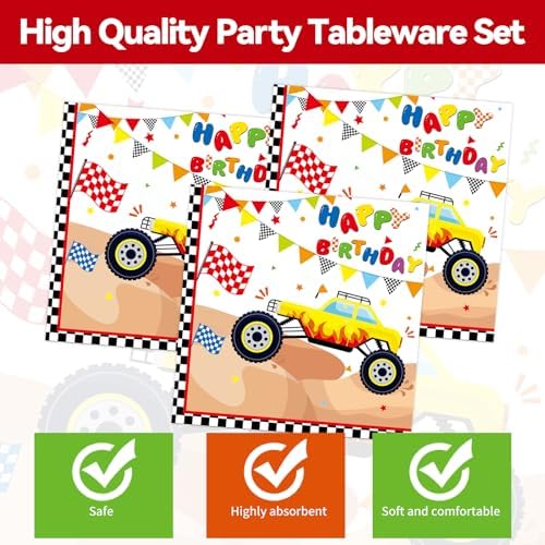 50Pcs Monster Truck Plates and Napkins Party Supplies, Disposable Racing Car Theme Birthday Paper Plates Napkins Tableware Set for Monster Truck Birthday Party Decorations (Truck)