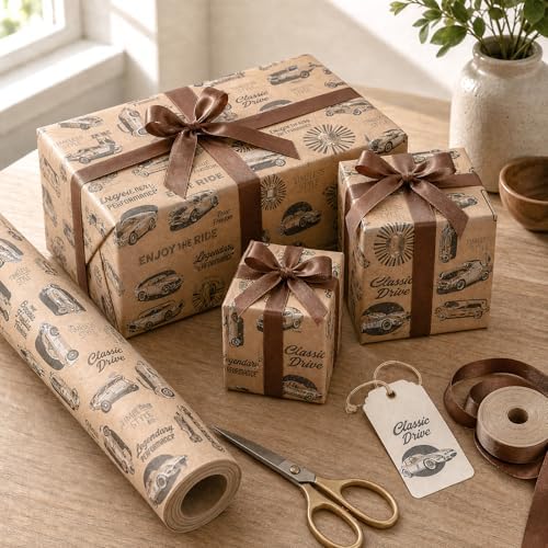 Ulmasinn Vintage Sports Car Wrapping Paper Roll, Kraft Gift Wrap with Retro Racing Car Design, 17 Inch x 33 Feet, Birthday Wrapping Paper for Boys, Men, Car Lovers, Father's Day, Racing Party Gifts