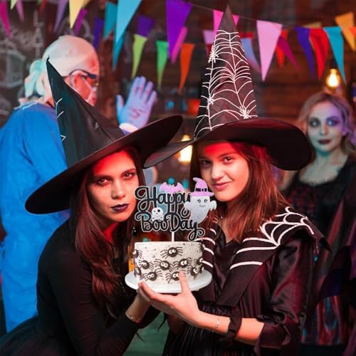 1Pcs Happy Halloween Cake Topper Black Glitter Happy Boo Day Cake Topper Castle Witch Pumpkin Ghost Bat Halloween Cake Decorations Cake Pick for Halloween Birthday Baby Shower Party Supplies