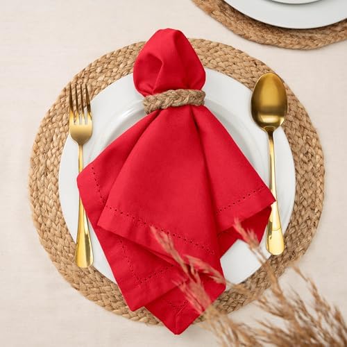 Blue Needles Set of 6 Hemstitch Linen Napkins 100% Cotton Red Cloth Dinner Napkins 18x18 inches, Soft, Reusable, Absorbent, Washable, Ideal for Spring Summer Easter Events, Parties & Everyday Use