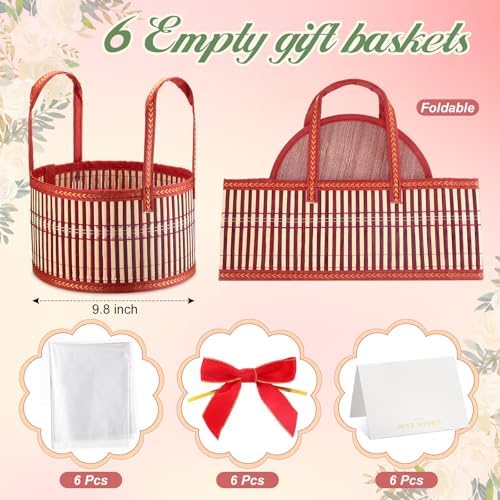 Weysat 6 Set Baskets for Gifts Empty Bulk, Large Woven Bamboo Gift Basket Kit with Handles, Bow, Wrap Bag to Fill for Raffle Thanksgiving Day Wedding Birthdays Party Wrapping (Red)