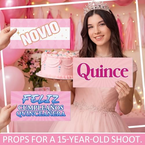 Beeveer 24 Designs Quinceanera Photo Booth Props, Double Sided PVC Signs