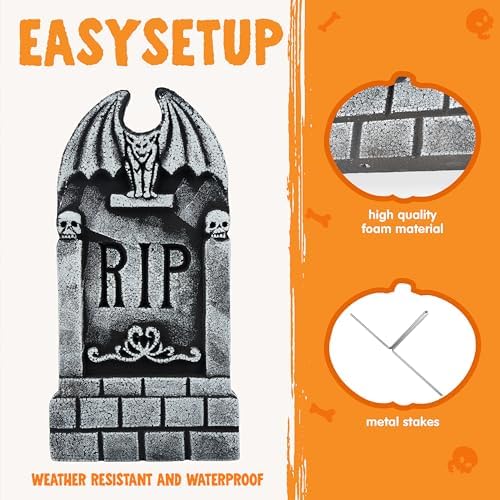 JOYIN 17” Halloween Foam RIP Graveyard Tombstones (5 Pack), Halloween Tombstones Decorations Outdoor for Graves With 12 Metal Stakes For Cemetery Yard Lawn Party Decor