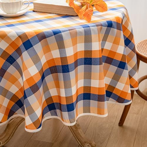 Fall Plaid Waterproof Tablecloth – Orange, Blue & White Check Pattern – Thanksgiving Harvest Table Cover, Stain-Resistant & Durable, 60" Round