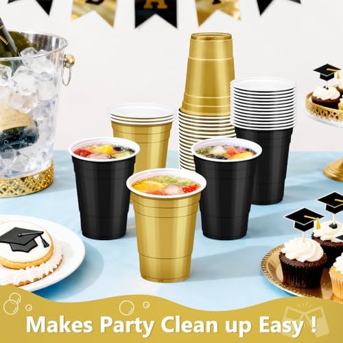 LANLISA 100Pcs Black and Gold Plastic Cups, 16 oz Disposable Cups For Birthday Party, Graduation Decorations, New Years Eve