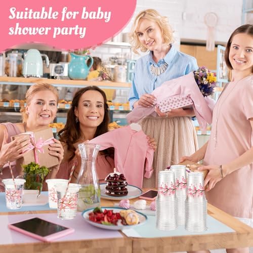 Funnymoom 50 Sets Pink Cherry Blossom Party Supplies Cherry Blossom Plastic Cups with Lids and Straws 16 oz Clear Floral Disposable Drinking Cups Bulk for Spring Birthday Baby Shower Party Supplies
