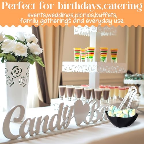 FoldTier 8oz 6 Black Plastic Candy Bowls, 4 Scoops and 4 Tongs Set Square Disposable Plastic Buffet Containers for Chip, Snacks Popcorn Candy Buffet Bar Birthday Party Supplies