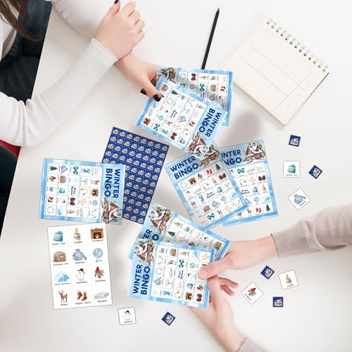 Winter Bingo Games for Family Friends, Christmas Bingo Games for Adults, Winter Xmas Party Decorations Supplies Favors, Merry Christmas Holiday Game Card for Indoor, 24 Players Game Cards -12
