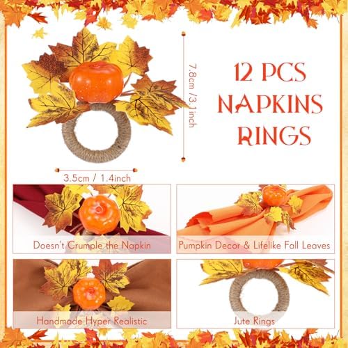 LemonRoad 36 Pcs Fall Cloth Napkins and Napkin Ring Holders, Autumn Reusable Fabric with Wooden Maple Leaf Pumpkin Napkin Rings for Thanksgiving Table Decor Fall Banquet Holiday Dinner Party Supply