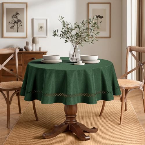 MIULEE Army Green 60 Inch Round Linen Tablecloth with Decorative Cutouts