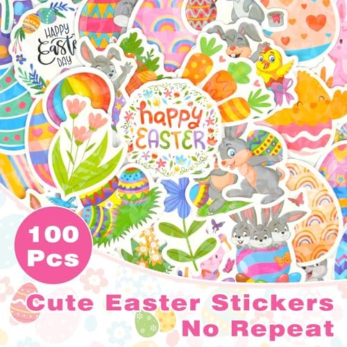 AOWDIAO 100 Pcs Easter Stickers - Holographic, Waterproof Vinyl Decals for Kids Crafts, Easter Egg Stuffers, Party Favors and Decorations