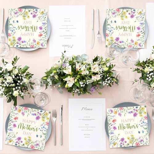 JarThenaAMCS 50Pcs Happy Mother's Day Napkins Paper Disposable Napkins Watercolor Wildflower Luncheon Dinner Napkin for Spring Birthday Mother's Day Supplies