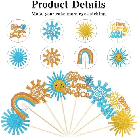 Here Comes the Son Cupcake Toppers, 48 PCS Here Comes the Son Baby Shower Decorations, Glitter Sun Themed Cupcake Party Decorations, Cupcakes Picks Food Picks for Baby Shower Party, Birthday, Wedding