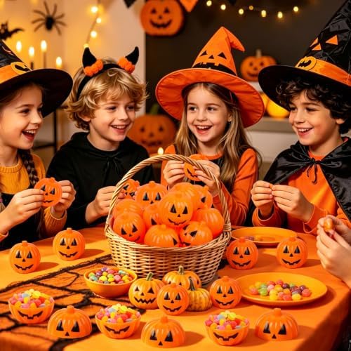 FOIMAS Halloween Pumpkin Candy Box, 12pcs Mini Plastic Pumpkin Containers Fillable Candy Treat Storage Box for Trick or Treat Halloween Party Decoration Storing Packaging Snacks Crafts Accessories