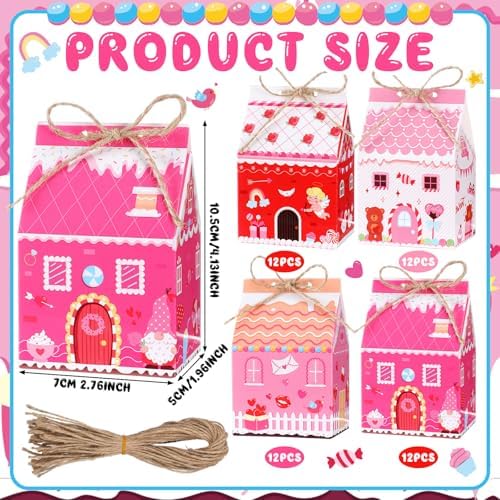 Zhanmai 48 Pcs Valentine's Day Treat Boxes Candy Mini Red Pink Heart House Favor Box Valentine's Day Party Paperboard Gift Boxes for Holiday Party Treat Cookie Goodie Snack Gift Packaging