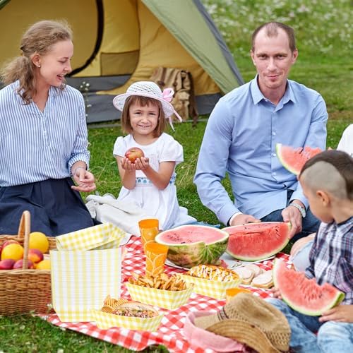 100 Pcs Yellow Gingham Paper Food Trays, Pre-Folded Yellow Checkered Disposable Food Boats for Hot Dogs, Fries, Nachos, Snacks, Carnival, Picnic, Baby Shower, Rustic Wedding, BBQ Party Supplies