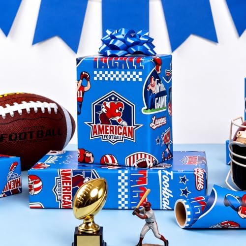Yarcony Football Wrapping Paper, Vintage Football Gridiron Game Gift Wrapping Paper for Birthday, Sports Themed Party, Super Bowl, Kids Birthday, Holiday, Fathers Day (17 In x 16.5 Ft, Mini Roll)