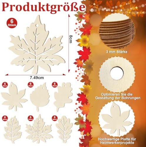 36PCS Wooden Fall Ornaments to Paint Thanksgiving Decorations, 6 Styles DIY Blank Autumn Unfinished Wood Maple Leaves Turkey Pumpkin Halloween Cutouts Ornament for Crafts Birthday Party Gifts Hanging