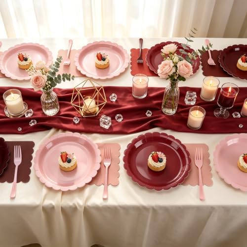 Pink and Burgundy Paper Plates and Napkins,Include Gradient 9inch Plates Napkins Forks Disposable Party Supplies for Baby Shower,Birthday,Wedding,Serves 24