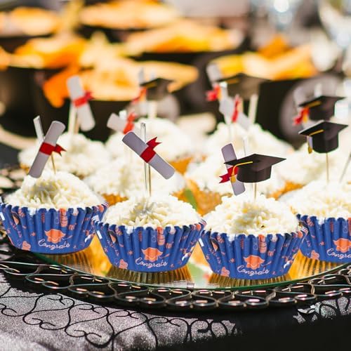Whaline 300 Pcs Graduation Cupcake Liners Paper Baking Cups Orange Blue Congrats Graduation Cap Muffin Holders Wrappers for College High School Grad Party Decor Supplies, 2 x 1.2 Inch