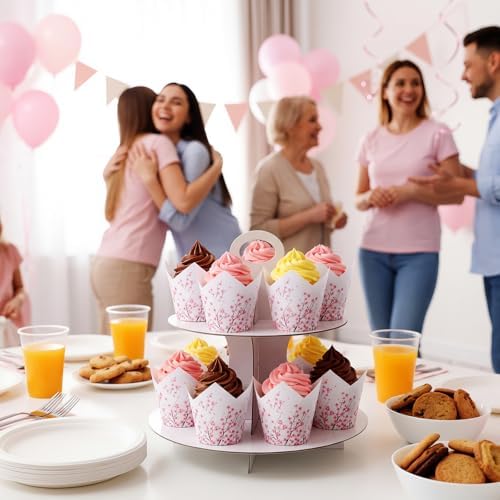 Maxdot 200 Pcs Cherry Blossom Tulip Cupcake Liners for Baking Cherry Blossom Paper Muffin Baking Cups Pink Flower Tulip Muffin Liners Wrappers for Bridal Showers Wedding Tea Birthday Party