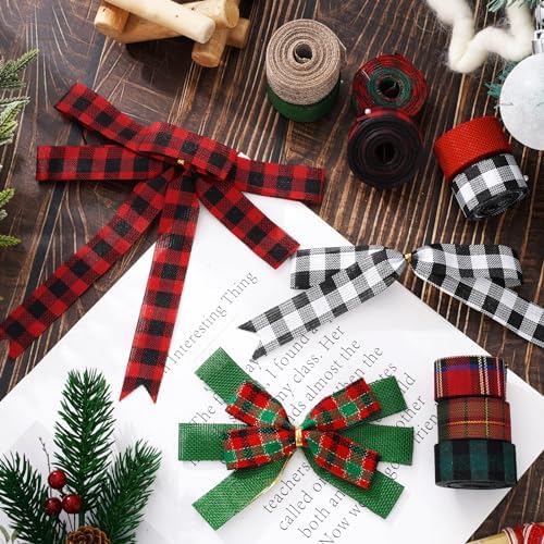 Whaline 10 Rolls 50 Yards Christmas Burlap Ribbon Rolls 1 Inch Wired Plaid Wrapping Ribbons Xmas Decorative Ribbon for Wreath Bow Gift Decor