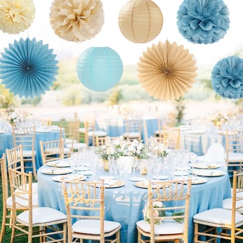 Light-Dusty Blue Beige-Champagne Bridal-Shower Party-Decorations - 31pcs Bride to Be Banner,Boho Neutral Bachelorette Paper Lanterns,Wedding Garland,Tissue Pom Poms Flower Fan Decor Supplies Burgleda