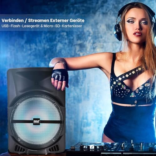 Pyle Wireless Portable PA Speaker System -1200W High Powered Bluetooth Compatible Indoor&Outdoor DJ Sound Stereo Loudspeaker wITH USB MP3 AUX 3.5mm Input, Flashing Party Light & FM Radio -PPHP1544B