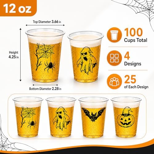Halloween Plastic Cups, 100 Pack 12 oz Disposable Party Cups, 4 Designs