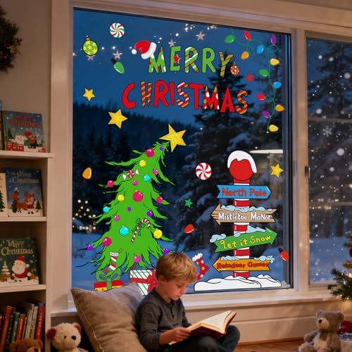 JarThenaAMCS Christmas Window Clings Decorations Extra Large Double-Sided Reusable Decals Rustic Curved Christmas Tree Arrow Yard Sign Stickers for Xmas Winter Home Office Party Glass Decor, 6 Sheets