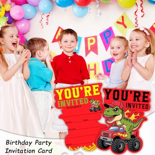 Red Truck Birthday Party Invitations, Dinosaurs Monster Truck Shaped Invitations for Kids Boys, Monster Truck Theme Birthday Party Decorations Supplies Favors, 20 Set Invites Cards with Envelopes