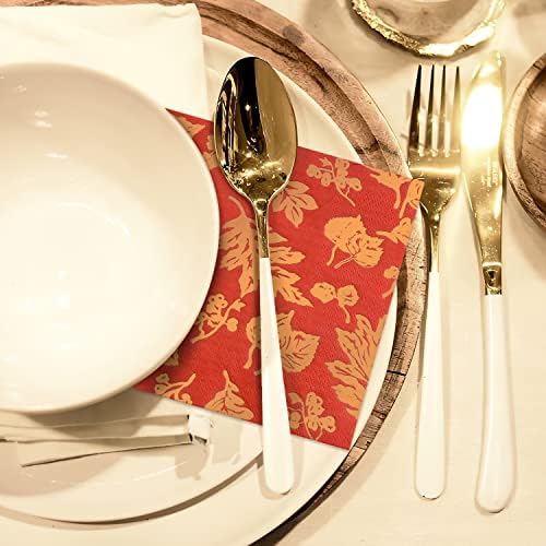 50 Pack Gold Foil fall Paper Napkins Disposable napkins red gold maple leaves for autumn and Thanksgiving, engagement, baby shower, celebration party 6.5 x 6.5 inches