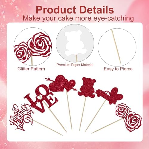 Valentines Cupcake Toppers, 24 PCS Happy Valentines Cupcake Toppers, Glitter Red Heart Love Bear Cupcake Picks Food Picks Toppers Cake Decorations for Valentine's Day Party Decorations Supplies
