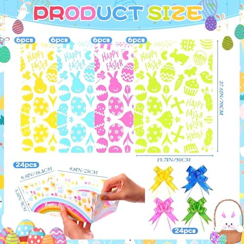 Gueevin 24 Sets Easter Empty Gift Baskets Bulk with Colorful Bunny Cellophane Bags & Ribbon Bows, DIY Basket to Fill for Egg, Candy, Treats, Birthday Party, 9.8 x 6.5 x 3.5 Inch