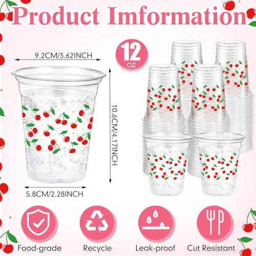 Funnymoom 60 Pack Cherry Plastic Cups for Party Decorations, 12 oz