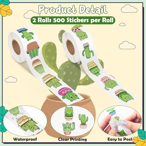 Eartim Cactus Cat Sticker Rolls Waterproof Self-Adhesive Decorative Decals