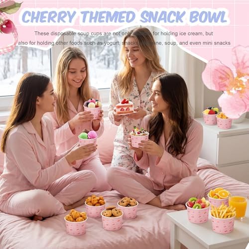 Maxdot Cherry Snack Cups 9oz Disposable Ice Cream Cups Decorative Pink Paper Dessert Bowls Party Supplies for Yogurt, Cupcakes, Soup Hot or Cold Food