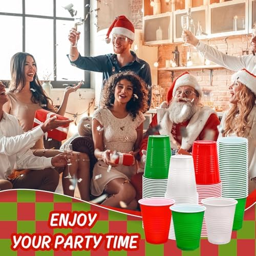 JarThenaAMCS 150Pcs Christmas Plastic Cups 12Oz Red Green White Disposable Drinking Cup Stackable Party Cups for Xmas Birthday Events Supplies
