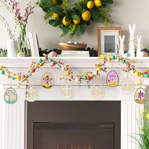 36PCS Wooden Easter Ornaments to Paint, Christian DIY Blank Unfinished Wood Egg Cutouts for Crafts Hanging Decorations Happy Easter Hallow Cross He is Risen Jesus is Alive Rabbit Religious Lily