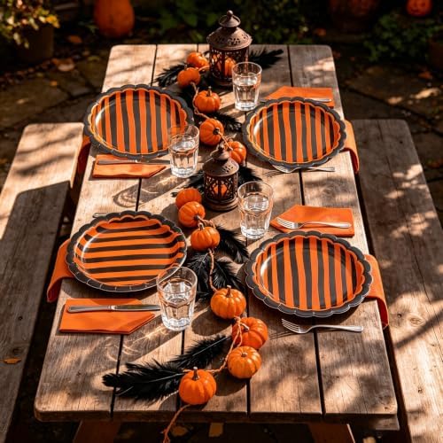 JarThenaAMCS 30Pcs Orange Black Stripe Paper Plates Halloween Scalloped Disposable Plate Striped Dessert Plate for Halloween Birthday Baby Shower Party Table Decor
