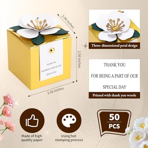 Affrolling 50 Pcs Wedding Favor Boxes with Thanks Card Square Flower Candy Boxes Paper Bridal Gift Box for Guests Wedding Bridal Shower Birthday Party Anniversary (Gold)