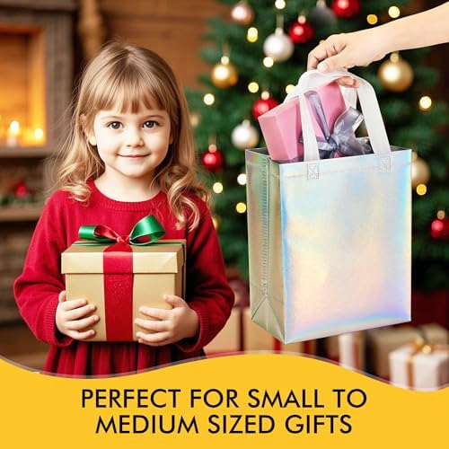100 Pcs Iridescent Glossy Gift Bags Medium Size, 8x4x10 In Holographic Reusable Gift Bags with Handles & Sturdy Base, Ideal for Birthday, Wedding, Bachelorette, Party Favors, Holiday Goodie Bag