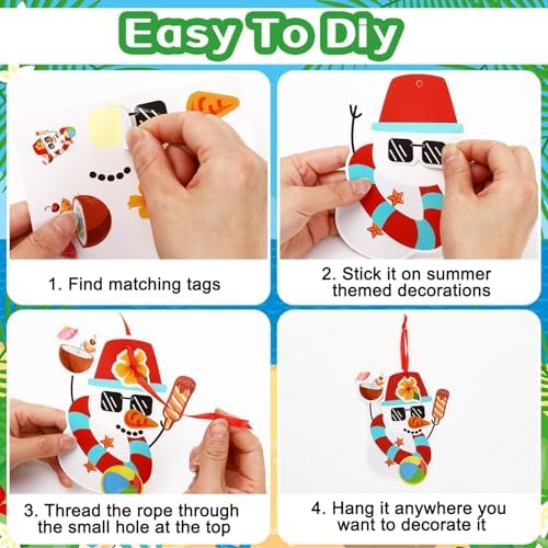 JUNEBRUSHS 32 Pcs Summer Christmas Craft Sticker, Santa Snowman Tropical Christmas Hanging Party Cardboard Stickers Decoration for Christmas Home Pool Beach Activities