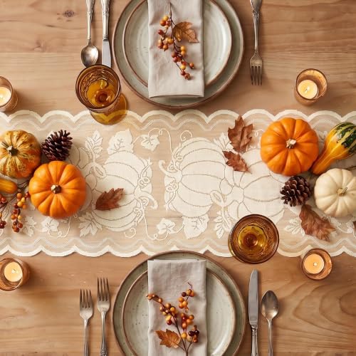Artoid Mode Beige Lace Jacquard Pumpkin Leaf Fall Table Runner, Seasonal Thanksgiving Autumn Kitchen Dining Table Decoration for Home Party Decor 13x72 Inch